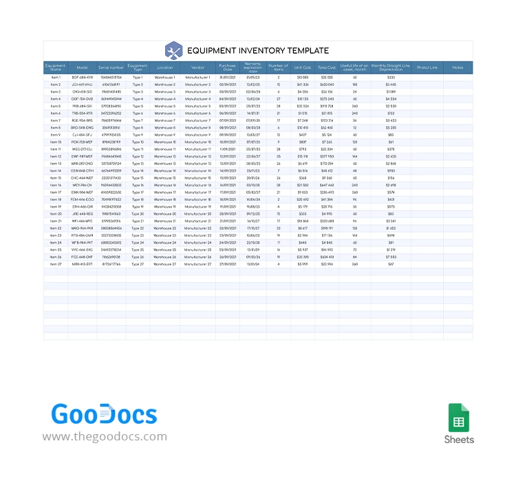 Simple Equipment Inventory - free Google Docs Template - 10063093