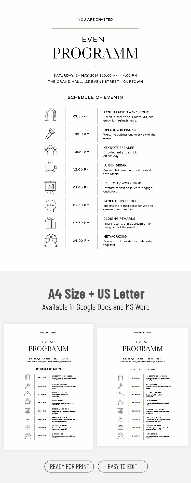 Preview of Simple Event Program Template for Google Docs and Microsoft Word