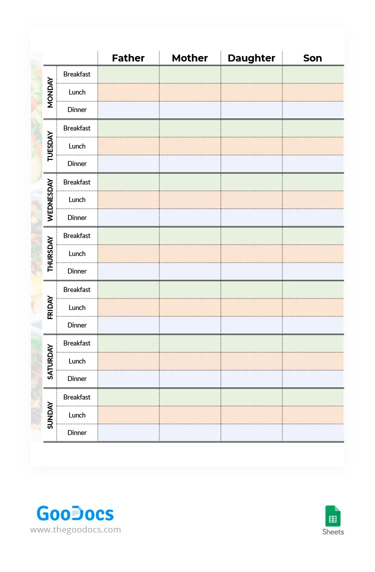 Simple Family Meal Planner: Planificateur de repas familial simple - free Google Docs Template - 10062496