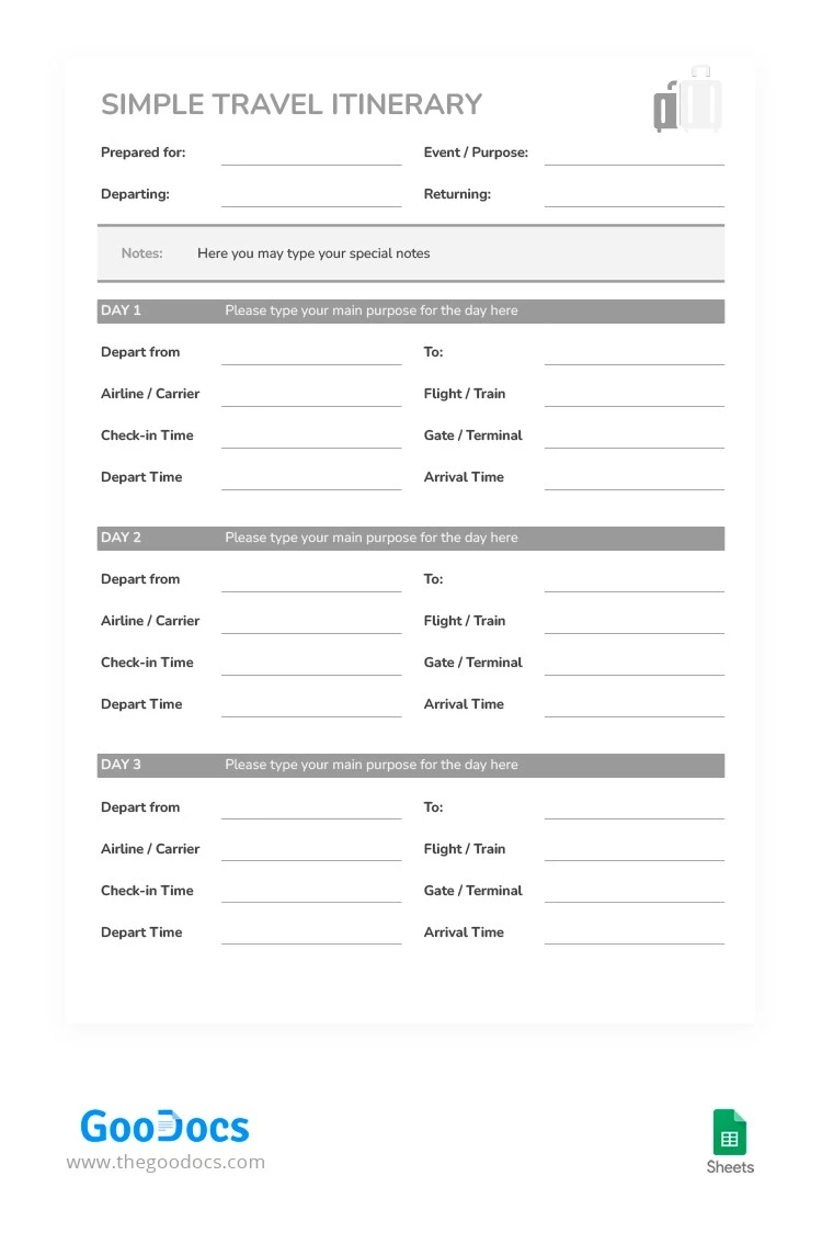 Simple Gray Itinerary Template - free Google Docs Template - 10064042