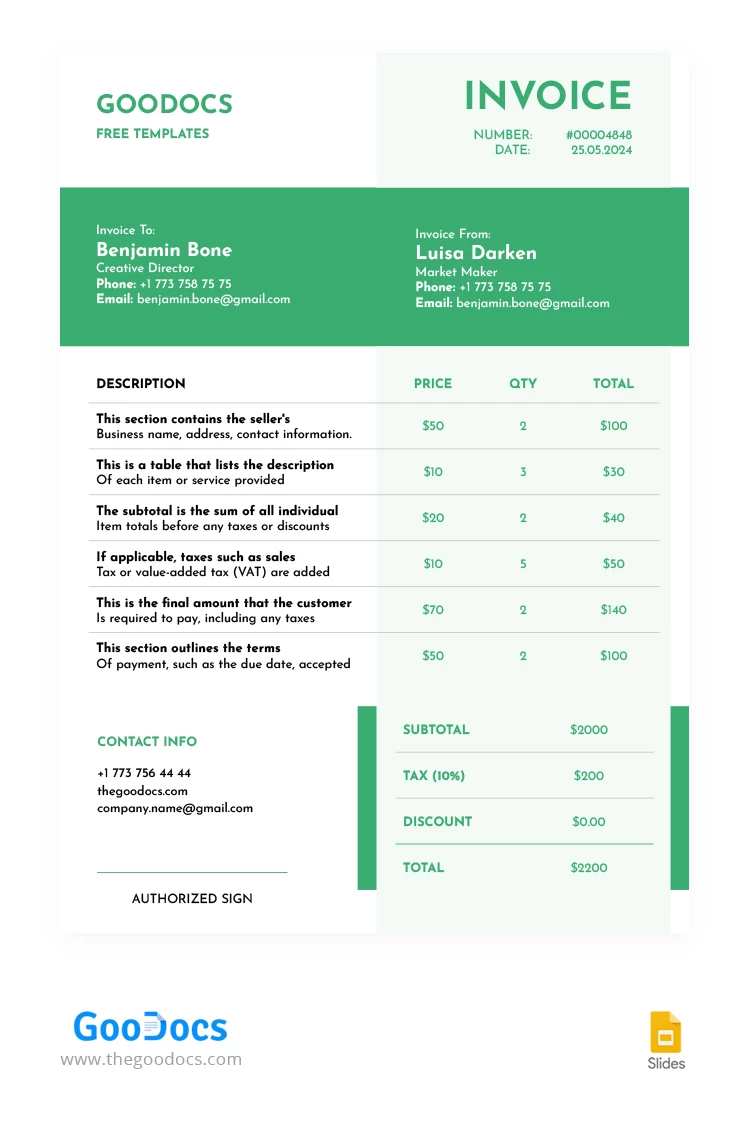 Simple Green Invoice - free Google Docs Template - 10068379
