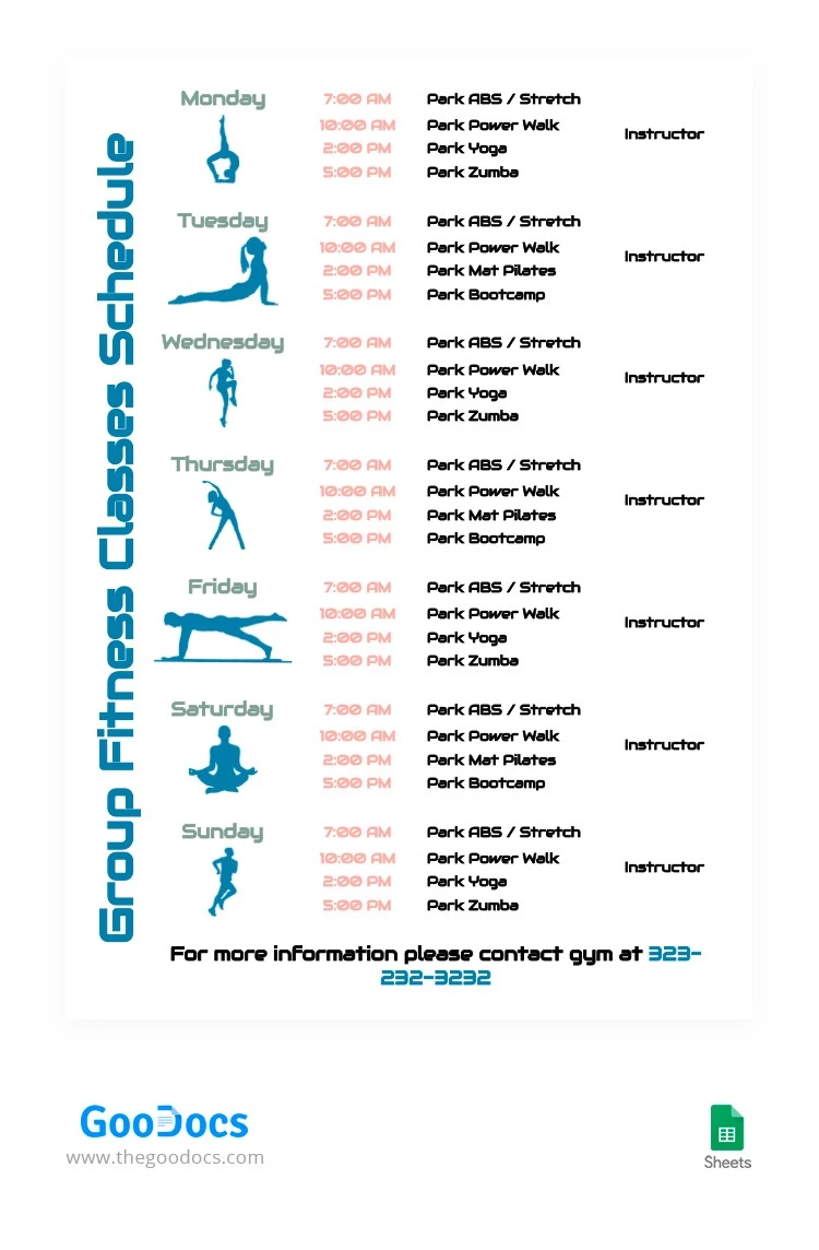 Simple Group Fitness Classes Schedule - free Google Docs Template - 10062189