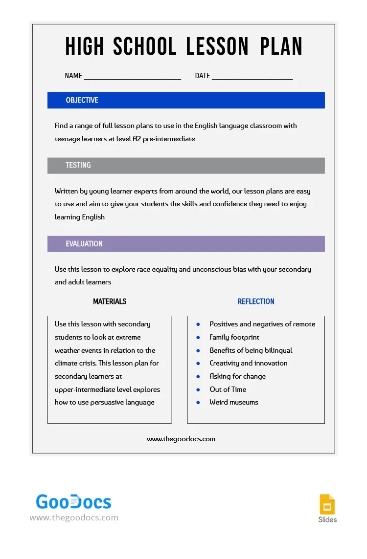 Plano de aula simples para o ensino médio - free Google Docs Template - 10064885