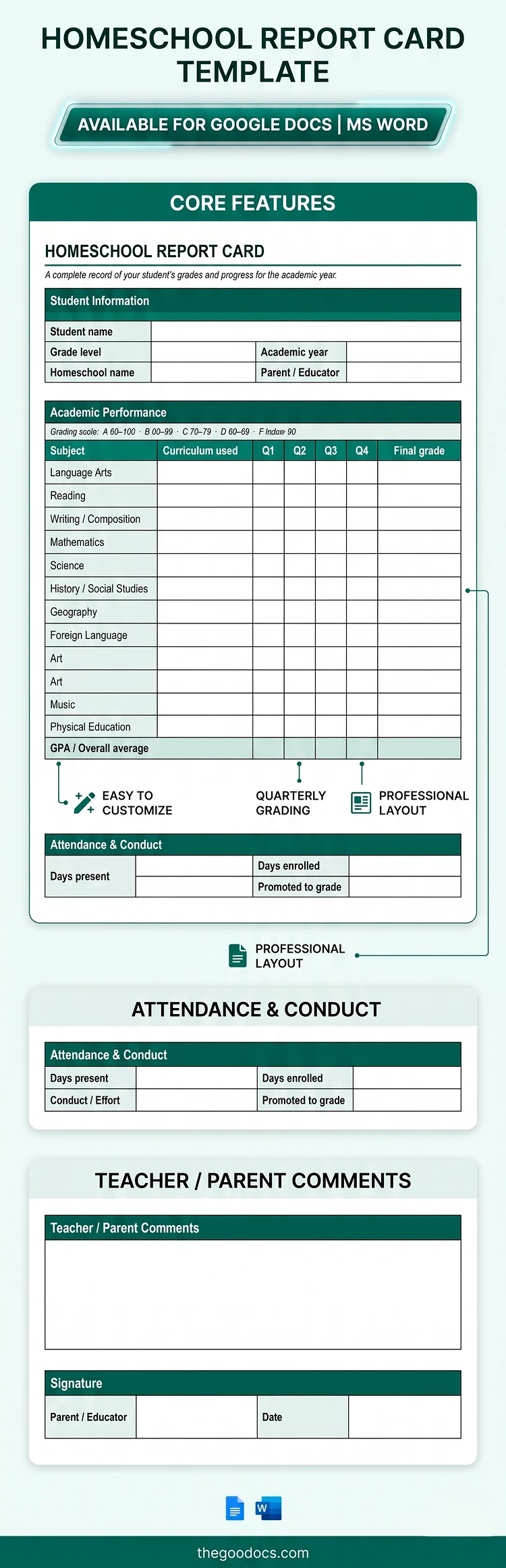 Preview of Homeschool Report Card Template for Google Docs and Microsoft Word