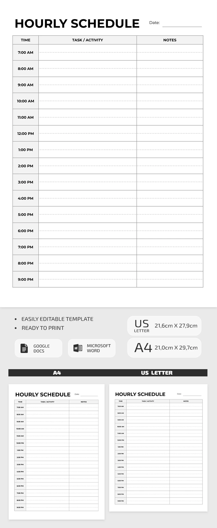 Modèle de planning horaire simple - free Google Docs Template - 10072029