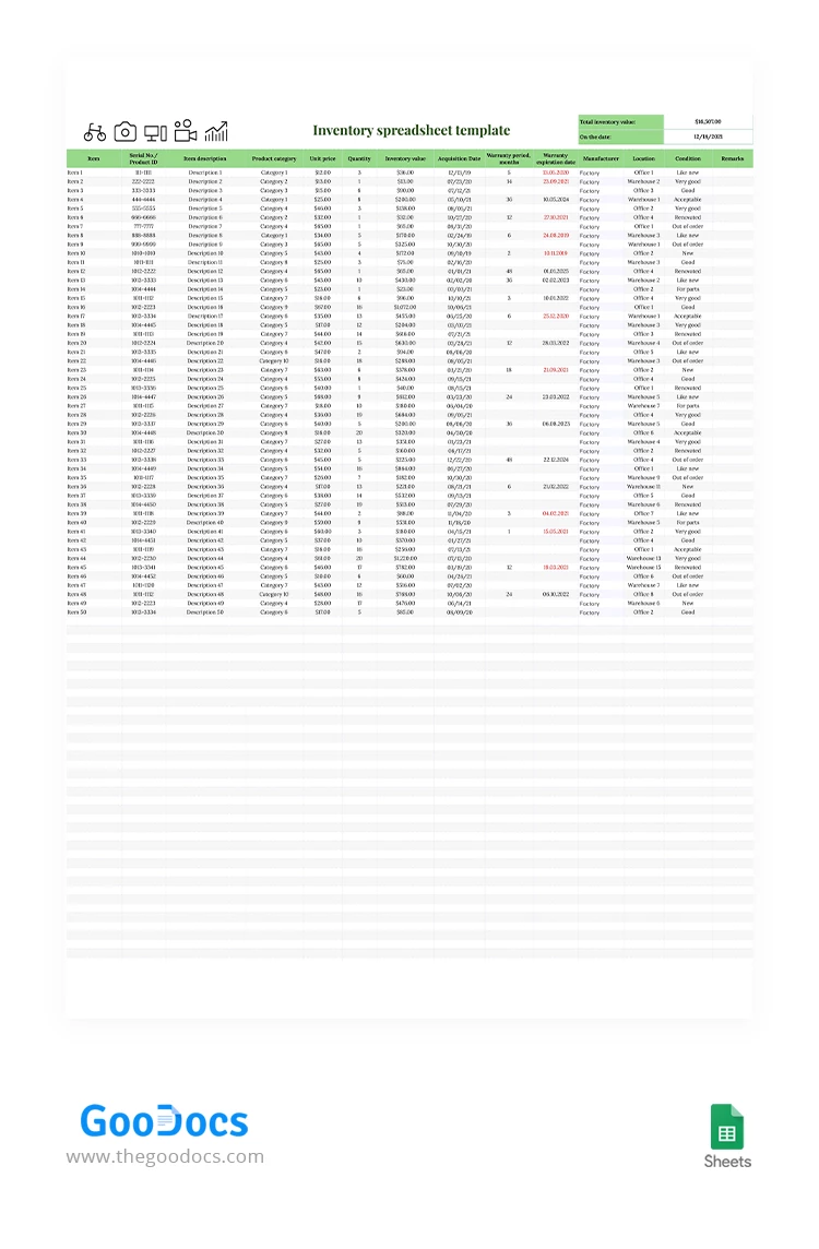 Simple Inventory Spreadsheet
Feuille de calcul simple de l'inventaire - free Google Docs Template - 10062956