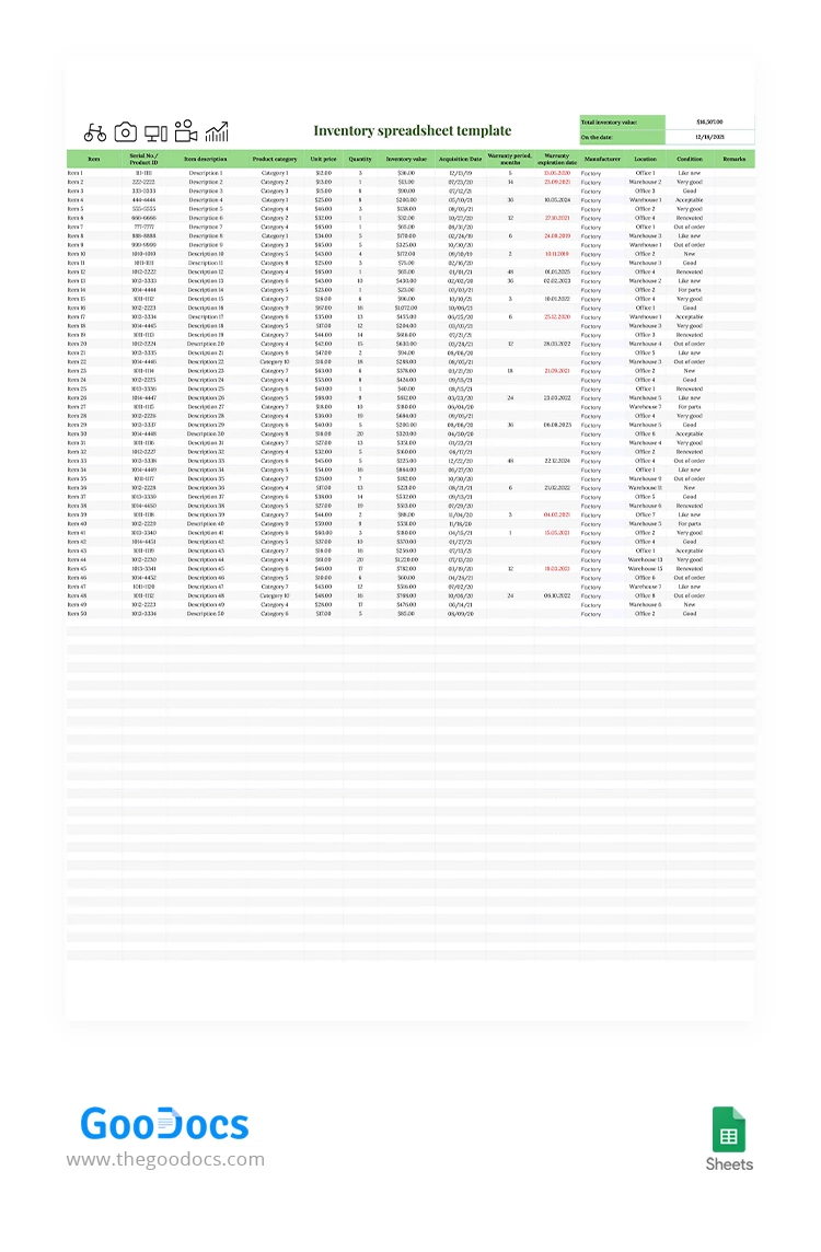 Planilha Simples de Inventário - free Google Docs Template - 10062956