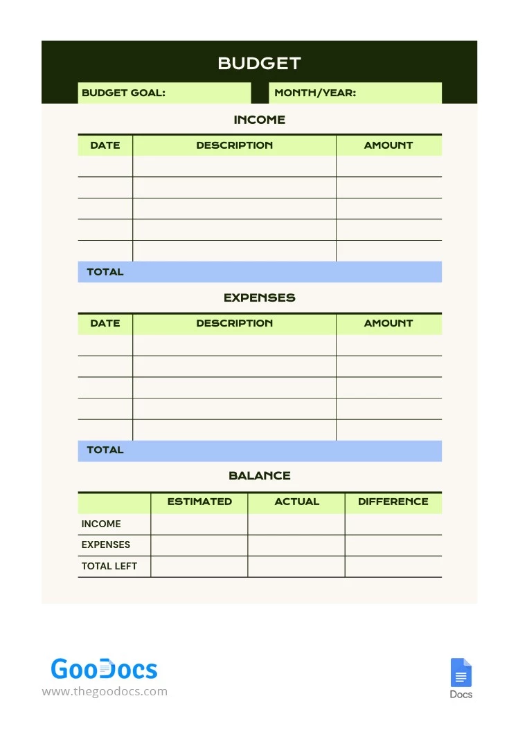 Einfacher monatlicher Budget-Verfolger - free Google Docs Template - 10063776