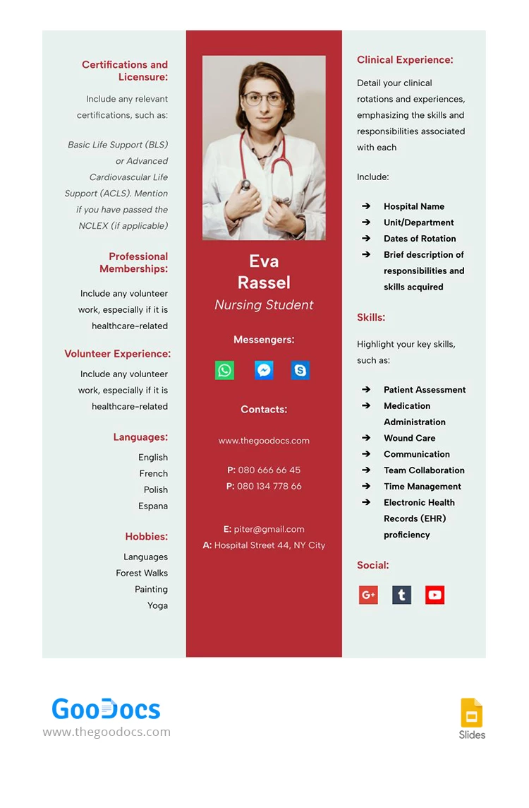 CV simple d'étudiant en soins infirmiers - free Google Docs Template - 10067862
