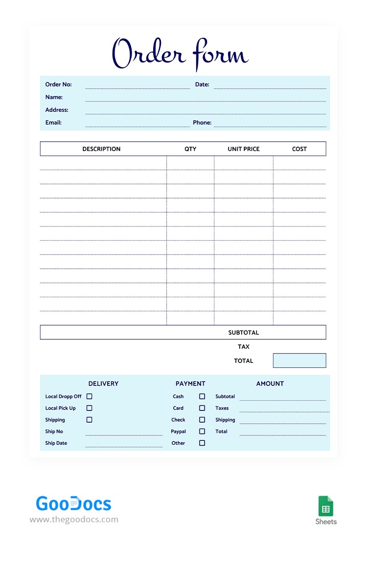 Simple order deals form template