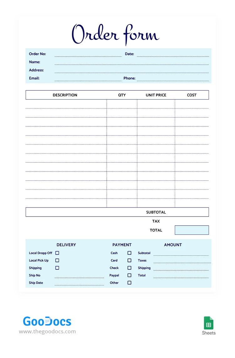 Simple Order Form - free Google Docs Template - 10067041