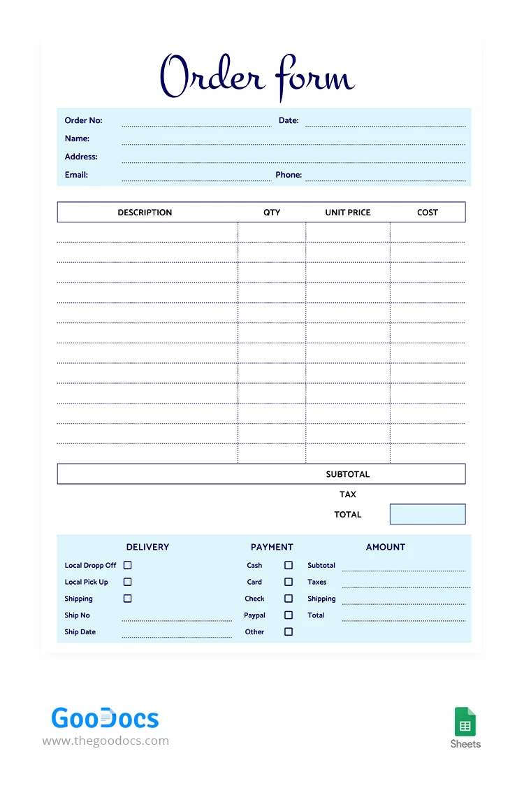 Formulaire de commande simple - free Google Docs Template - 10067041