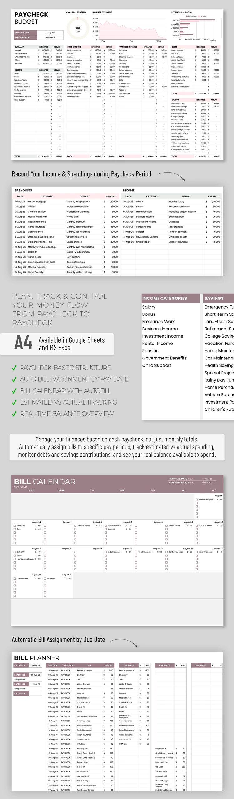 Preview of Simple Paycheck Budget Template for Google Sheets and Microsoft Excel