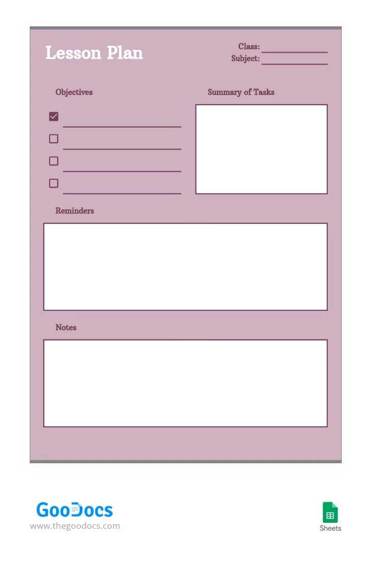 Plan de lección simple en rosa - free Google Docs Template - 10063314