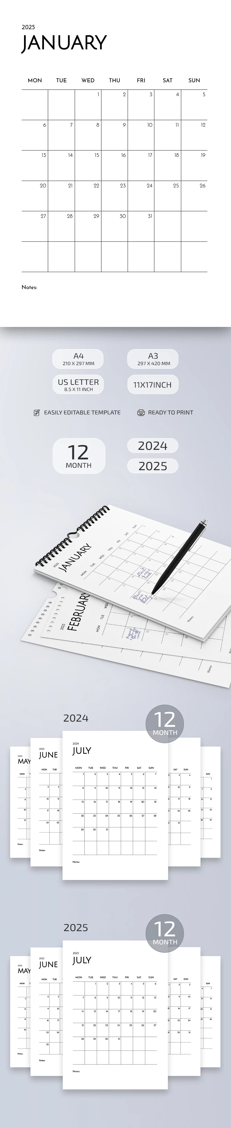 Calendario mensile semplice 2024 2025 - free Google Docs Template - 10068564