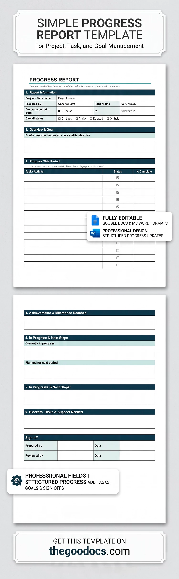 Preview of Simple Progress Report Template for Google Docs and Microsoft Word