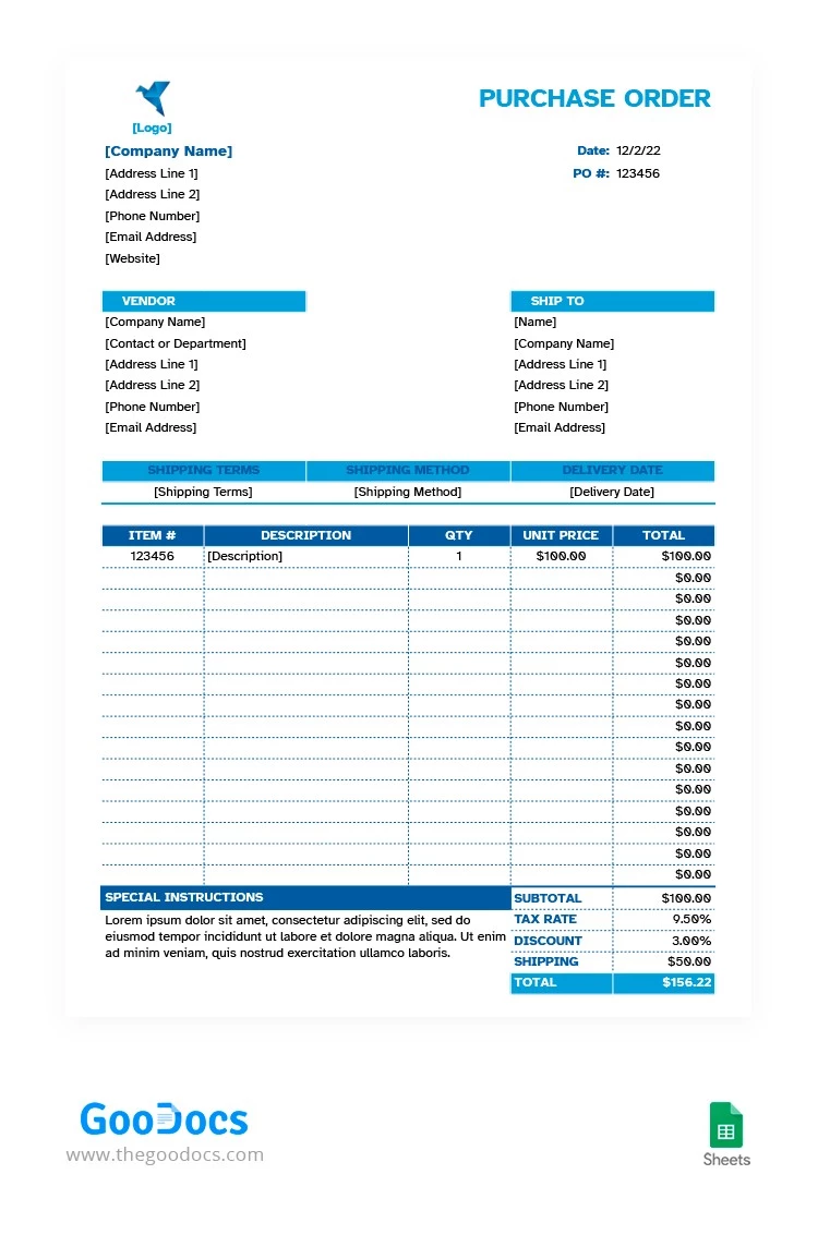 Simple Purchase Order - free Google Docs Template - 10062771