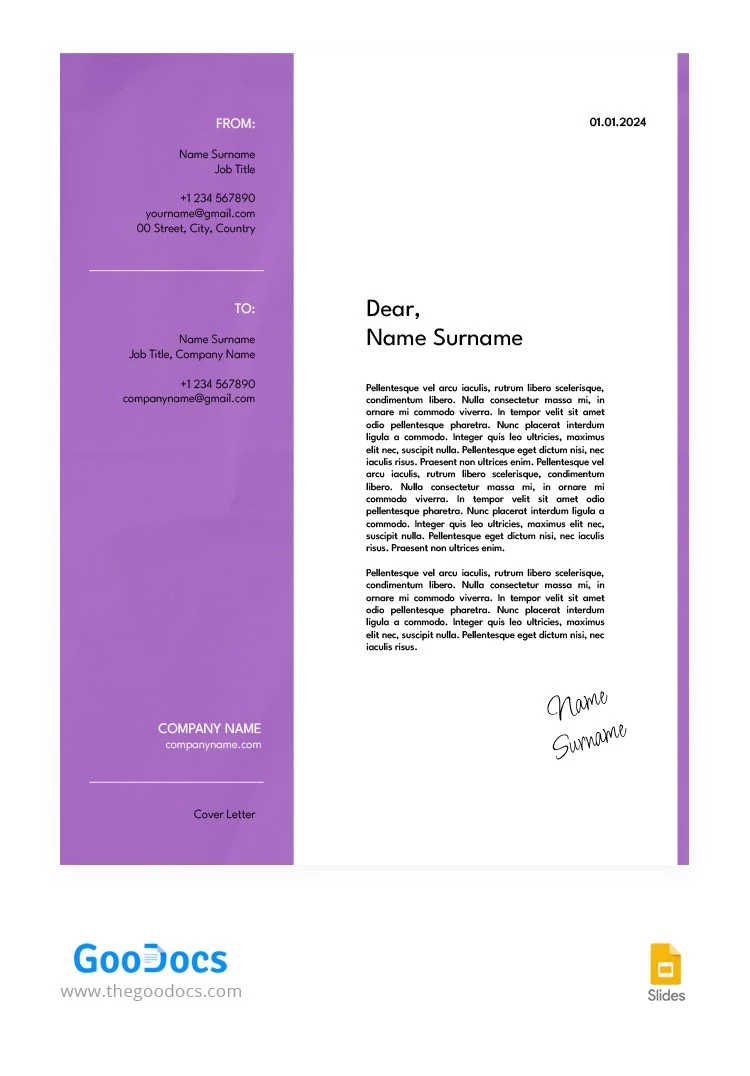 Semplice lettera di presentazione viola. - free Google Docs Template - 10065792