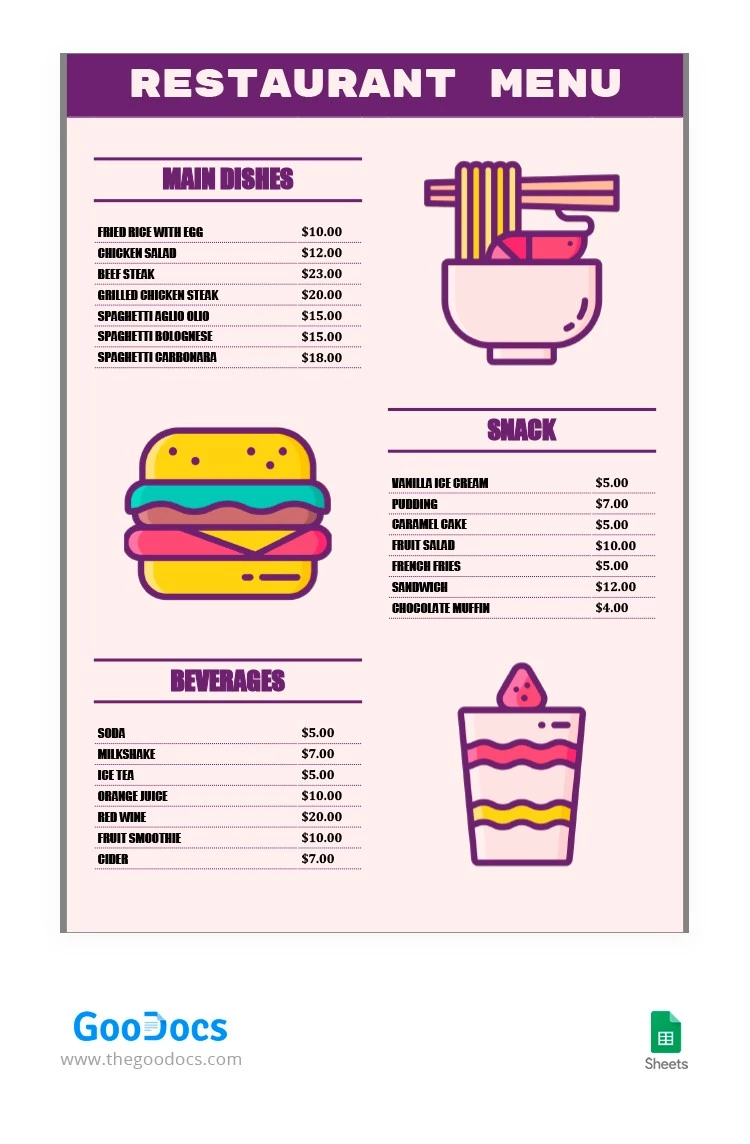 简单紫色餐厅菜单 - free Google Docs Template - 10063373