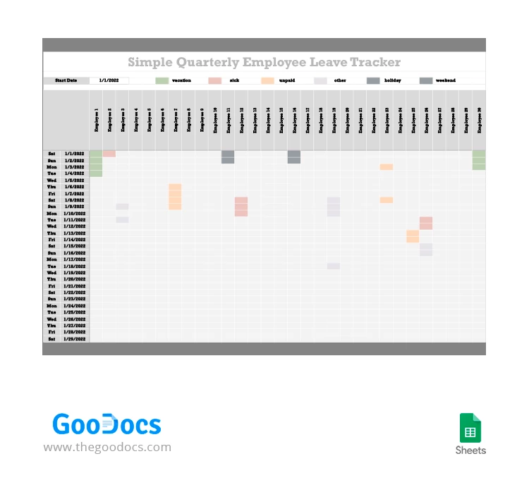 Simple Quarterly Employee Leave Tracker - free Google Docs Template - 10062224