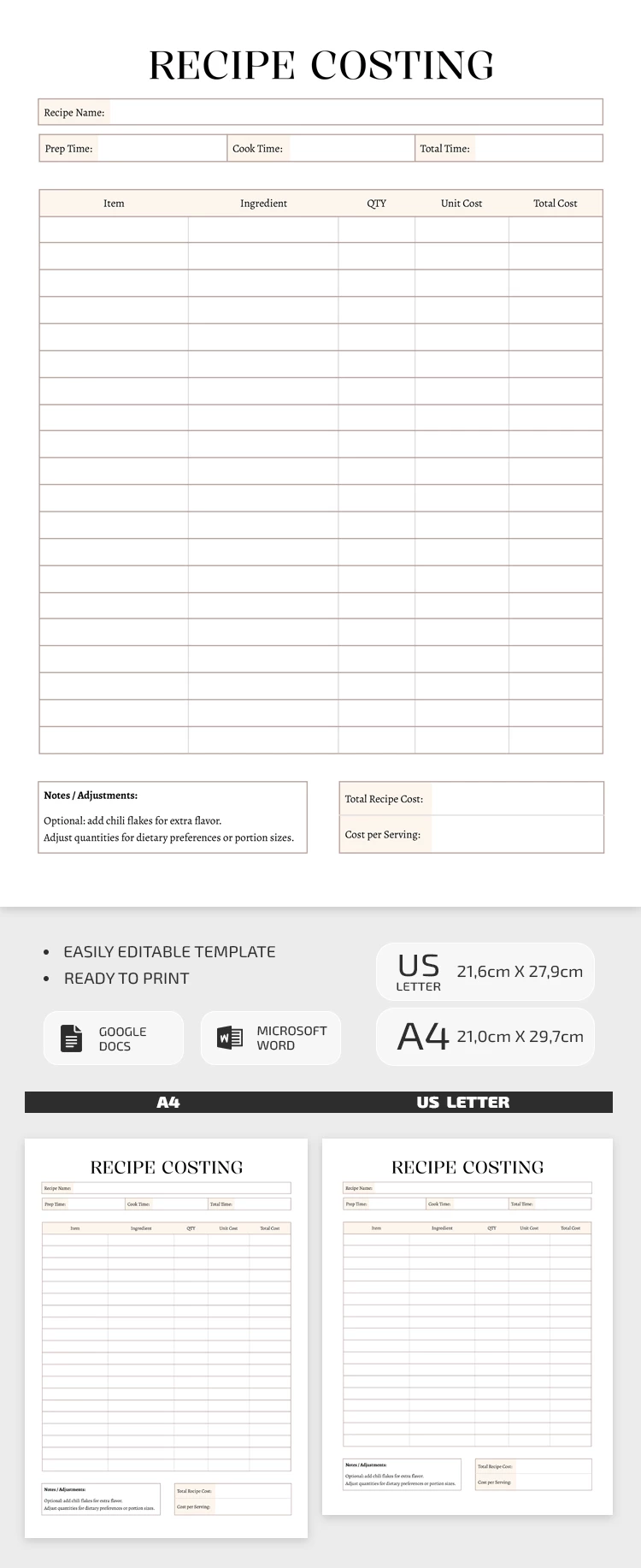 Preview of Simple Recipe Costing Template for Google Docs and Microsoft Word