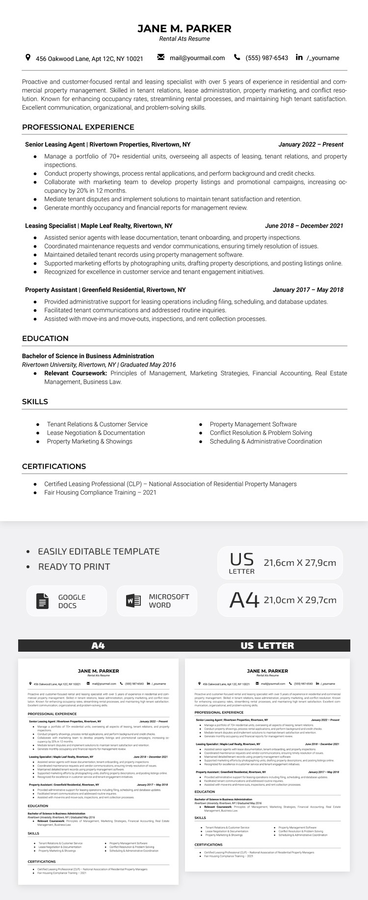 Free Simple Rental ATS Resume Template in Google Docs and Microsoft ...