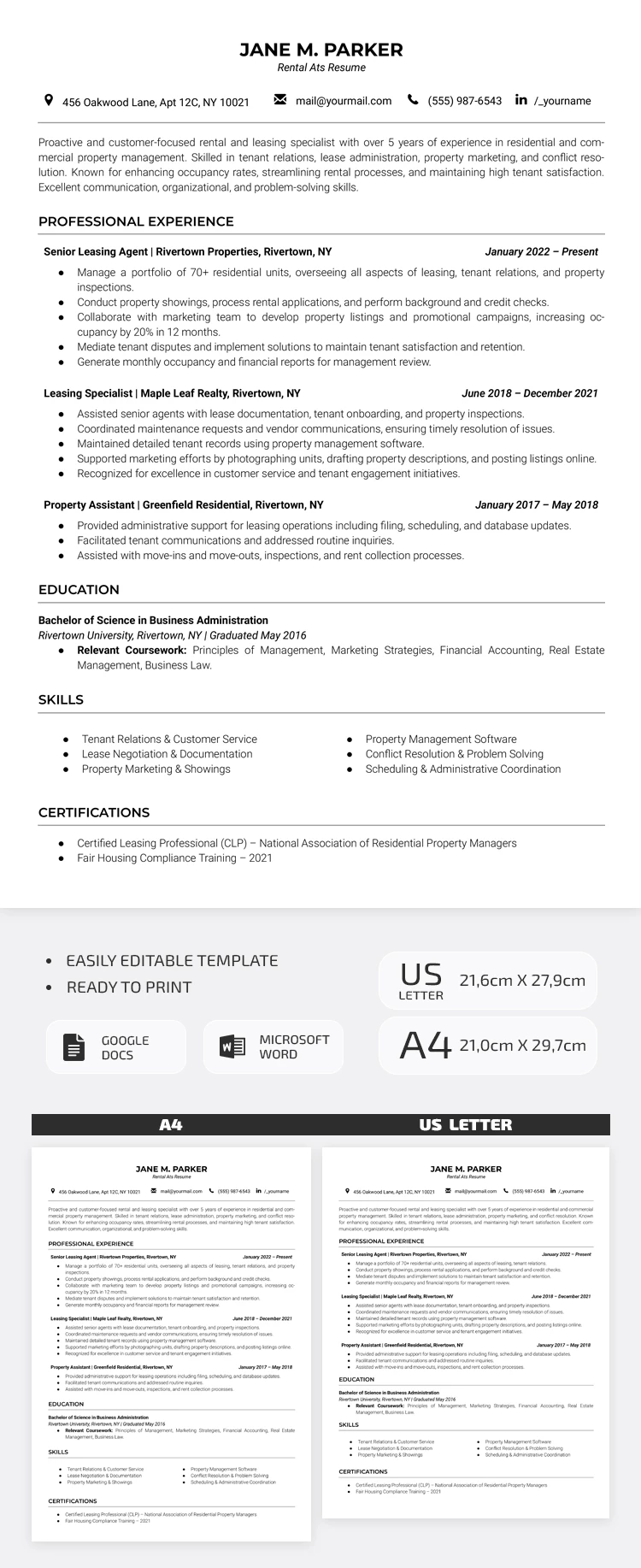 Einfaches Miet-ATS-Lebenslaufvorlagen - free Google Docs Template - 10071597