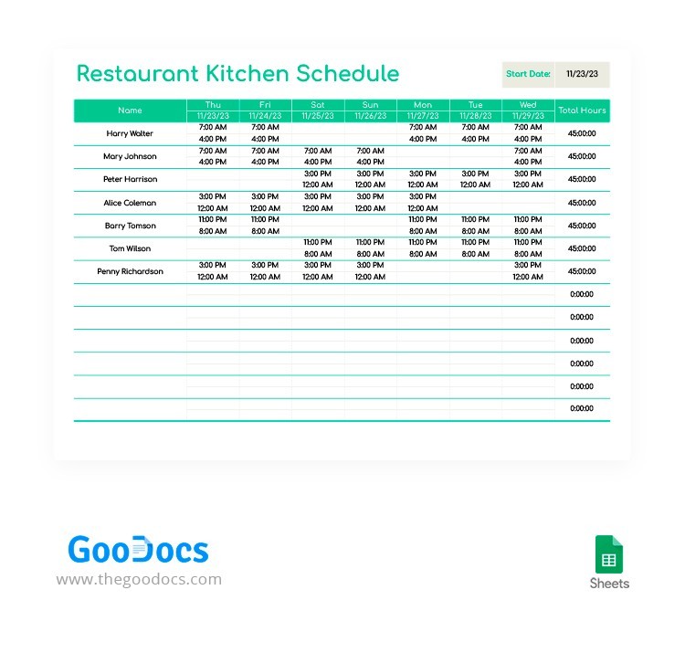 Simple Restaurant Kitchen Schedule Template In Google Sheets