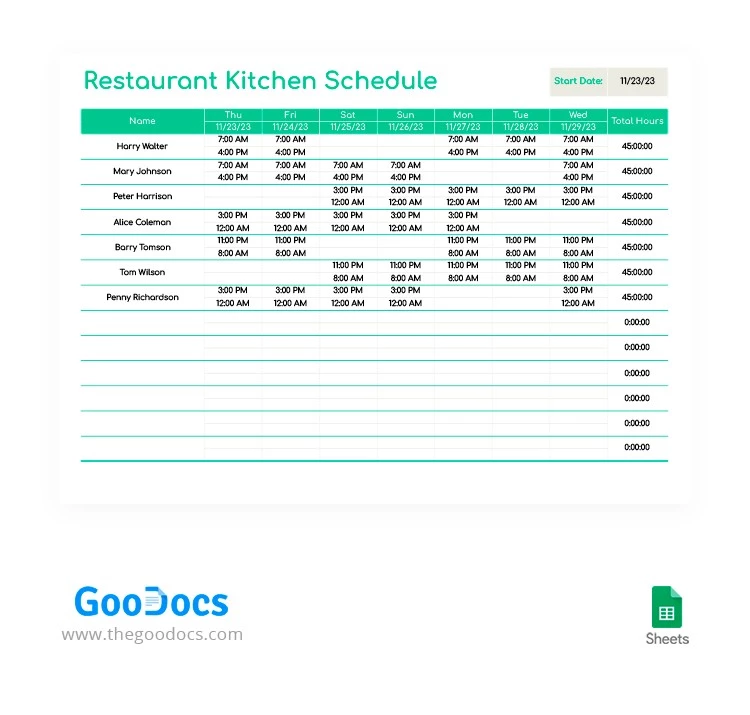 简单的餐厅厨房时间表 - free Google Docs Template - 10063947