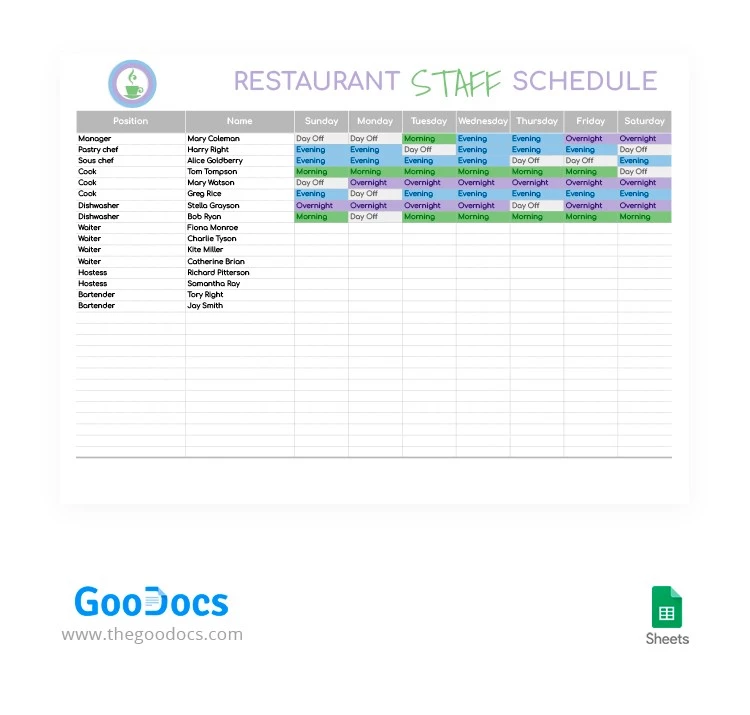 Programa de horarios del personal del restaurante - free Google Docs Template - 10063858