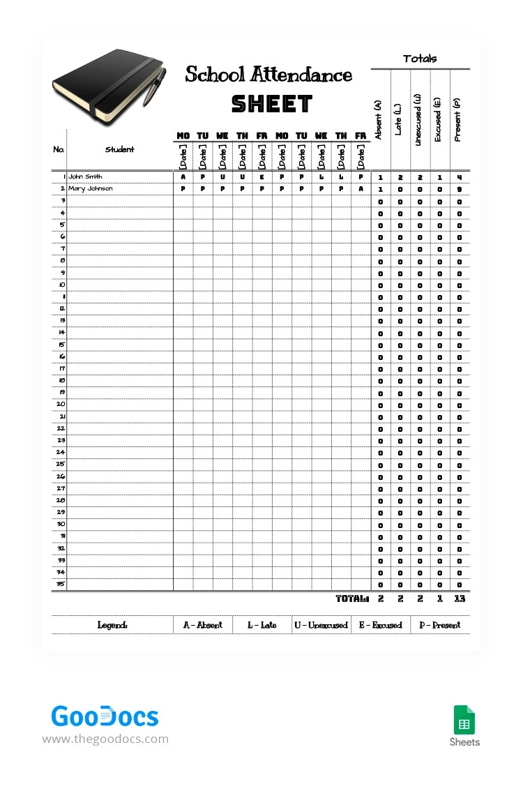 Ficha de Presença da Escola Simples de 10 Dias - free Google Docs Template - 10062166