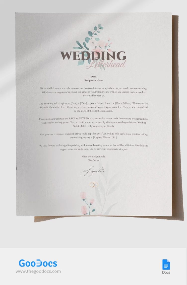 Papier à en-tête simple et doux pour mariage - free Google Docs Template - 10066706