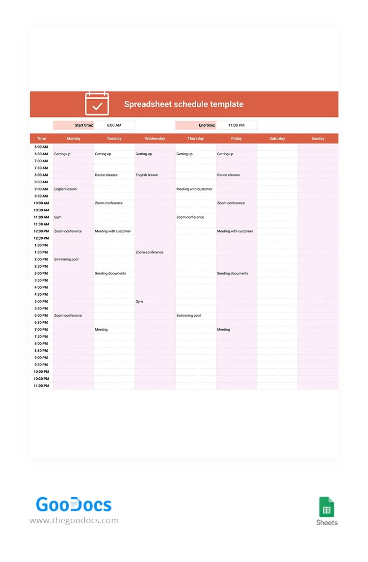 Calendrier de feuille de calcul simple - free Google Docs Template - 10062960