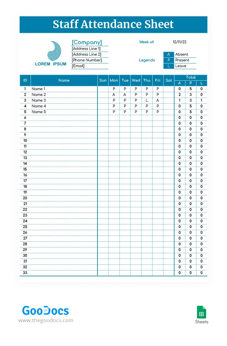 Simple Staff Attendance Sheet - free Google Docs Template - 10062727