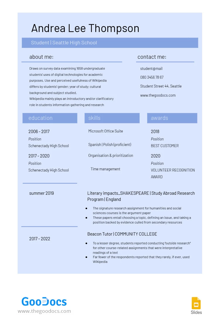 CV simples do estudante. - free Google Docs Template - 10065103