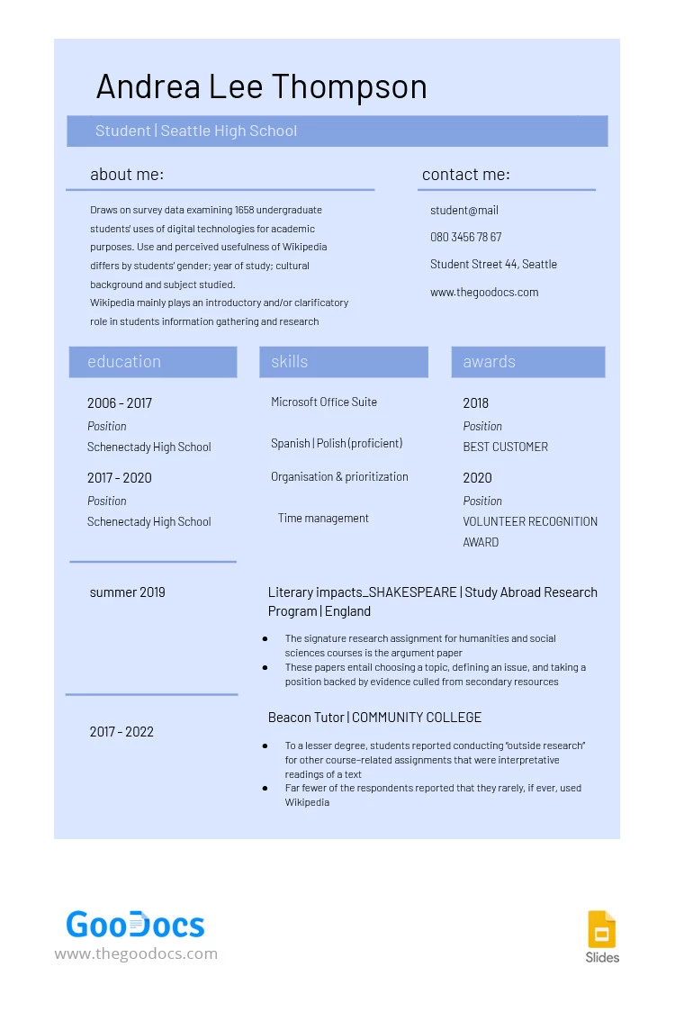 CV Studente Blu - free Google Docs Template - 10065103