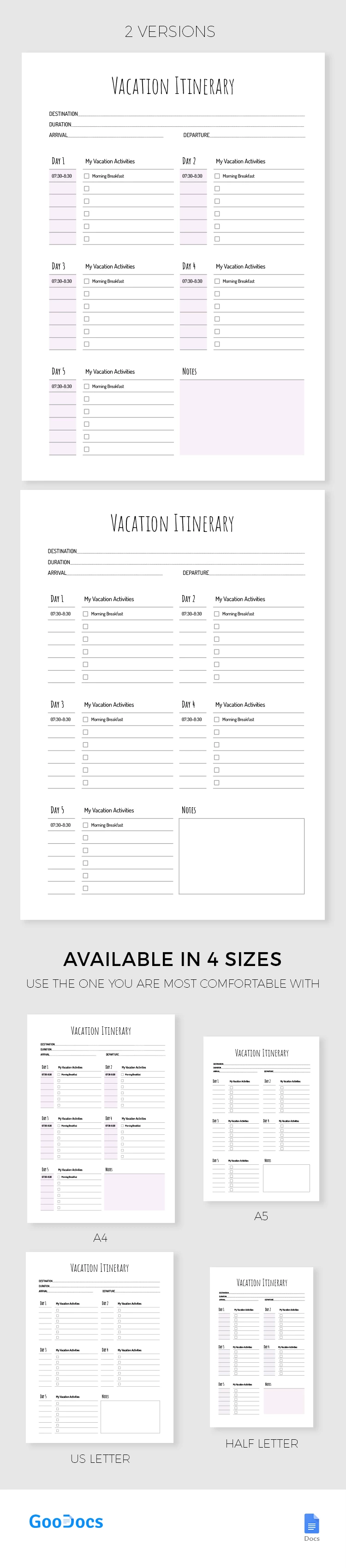 Itinerário de Férias Simples - free Google Docs Template - 10068540