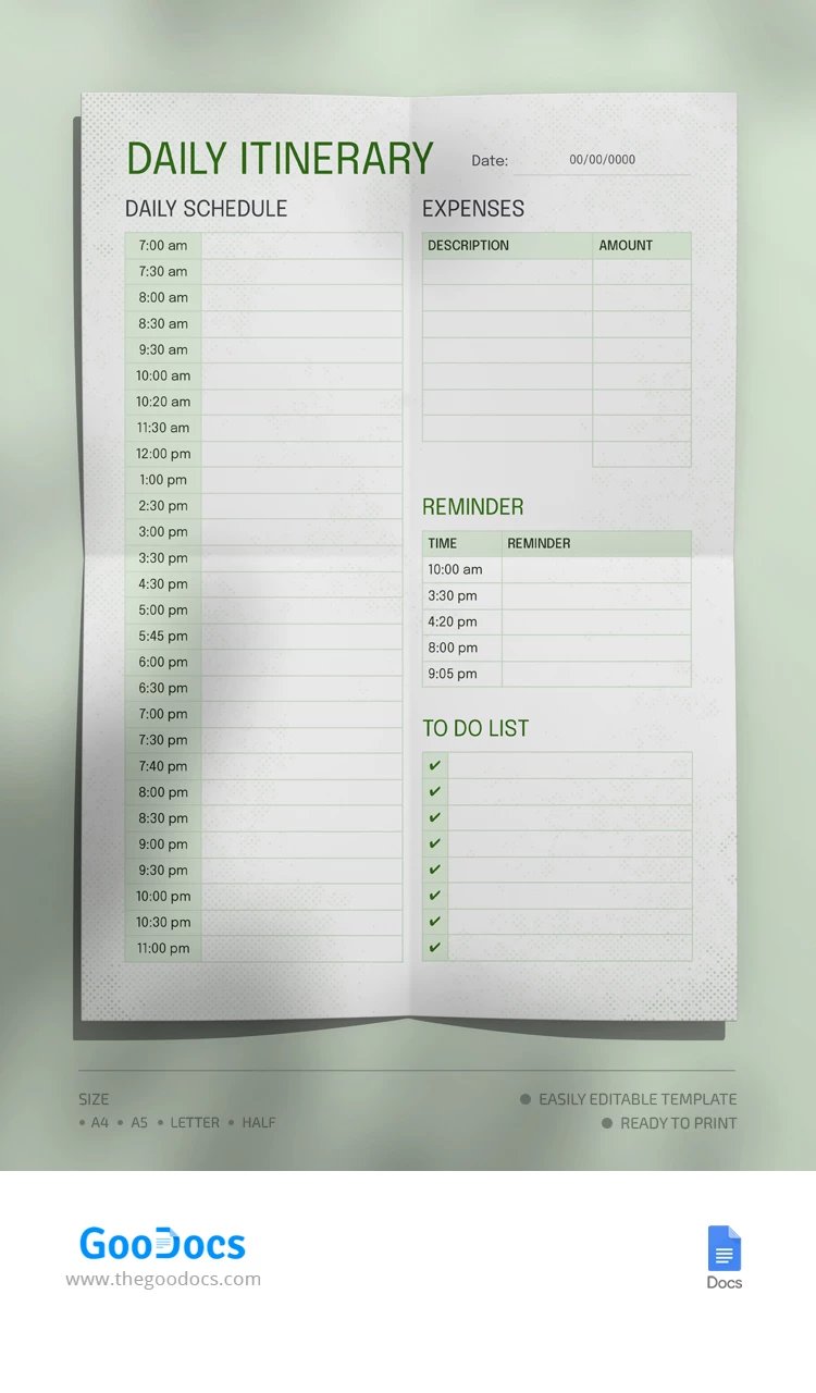 Itinerario Diario Blanco - free Google Docs Template - 10068547