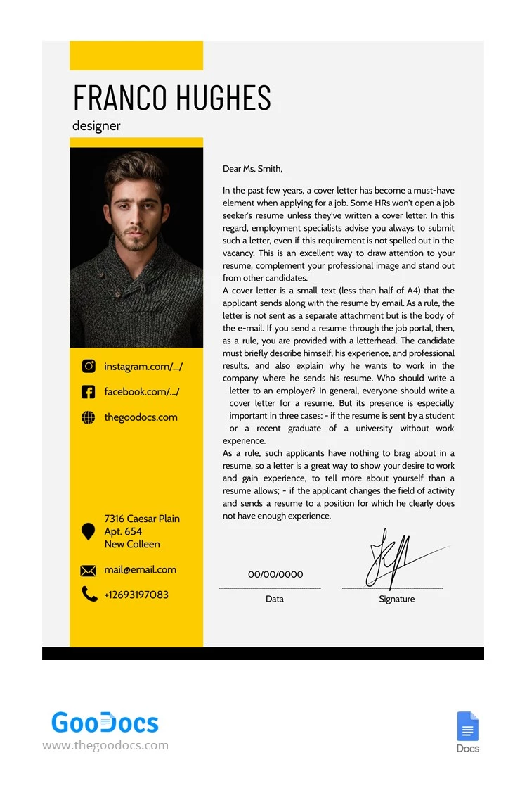 Lettre de motivation simple à couverture jaune - free Google Docs Template - 10064904