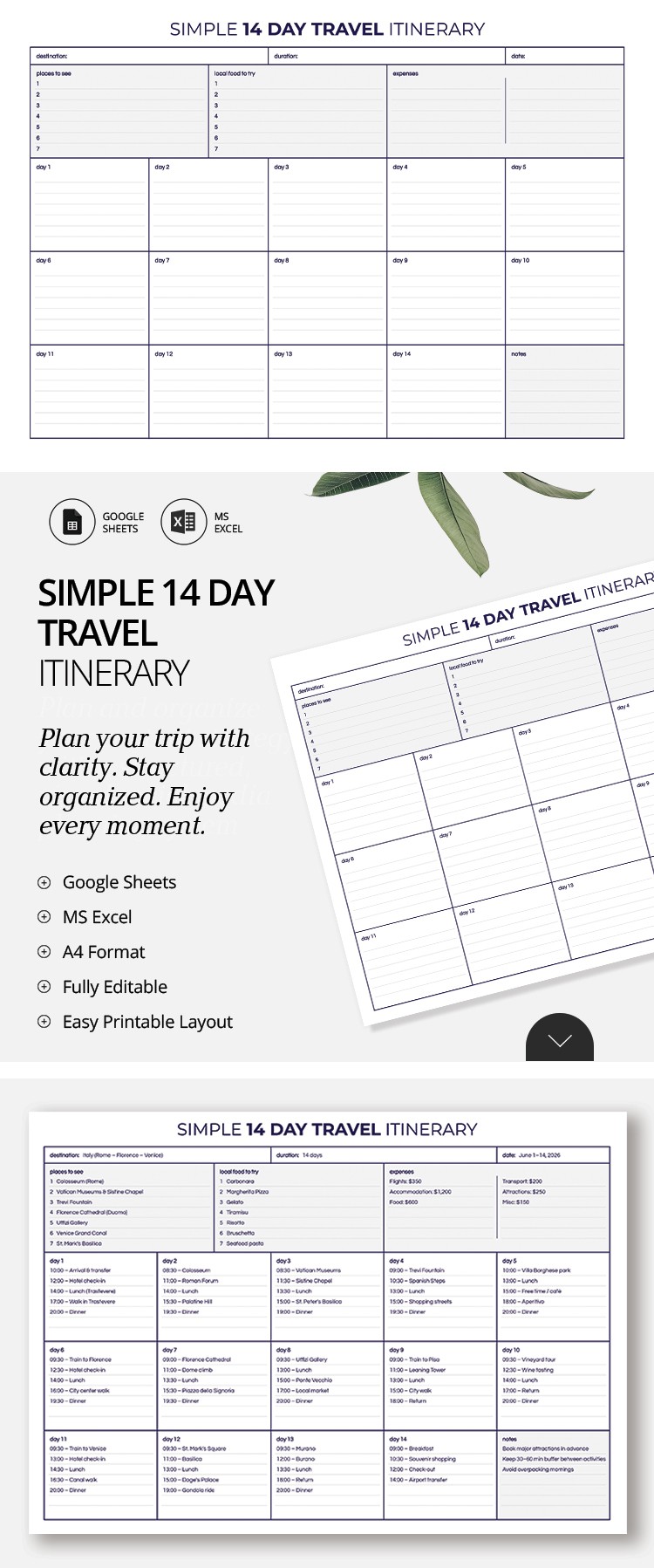 Free Simple Travel 14 Day Itinerary Template | thegoodocs.com
