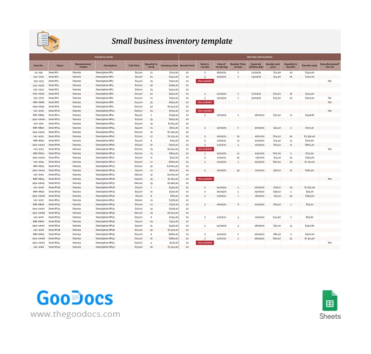 Small Business Inventory - free Google Docs Template - 10062977