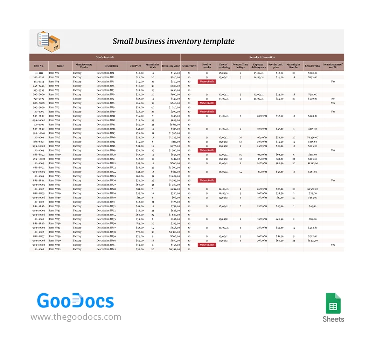 Piccolo inventario aziendale - free Google Docs Template - 10062977