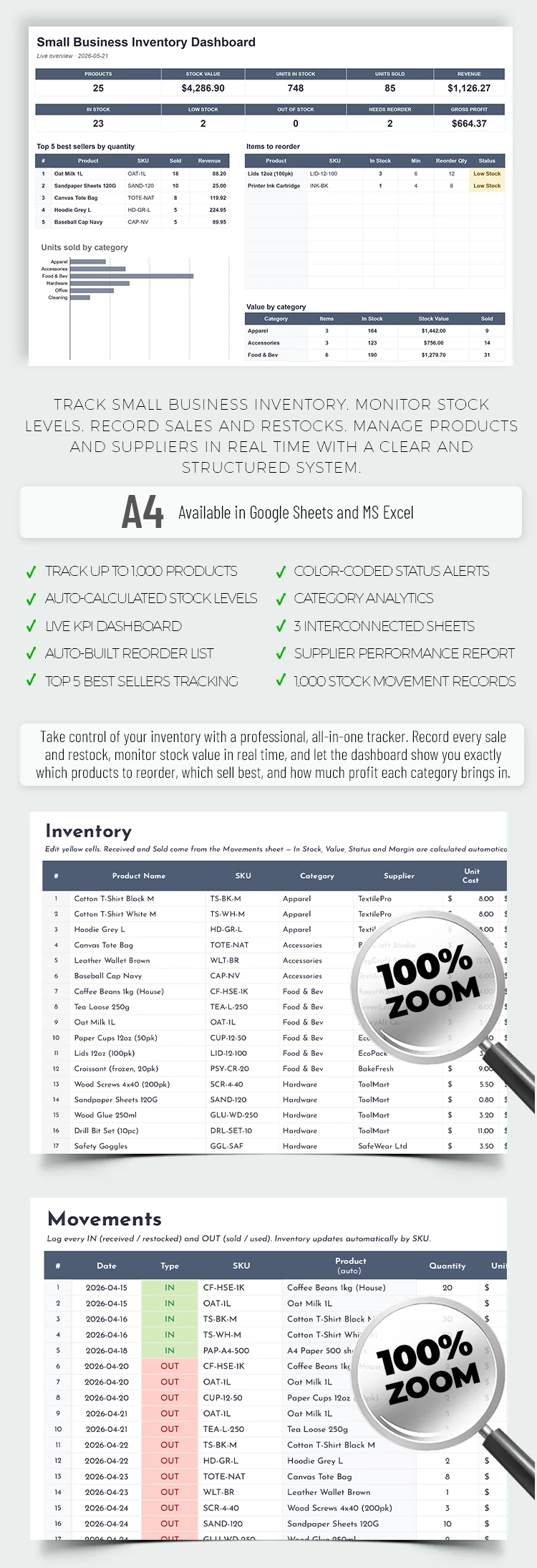 Preview of Small Business Inventory Spreadsheet Template for Google Sheets and Microsoft Excel