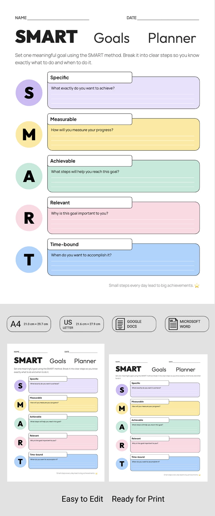 Pré-visualização de Planilha de Metas SMART para Estudantes para Google Docs and Microsoft Word