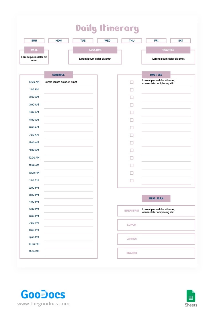 Soft Color Daily Itinerary - free Google Docs Template - 10062787