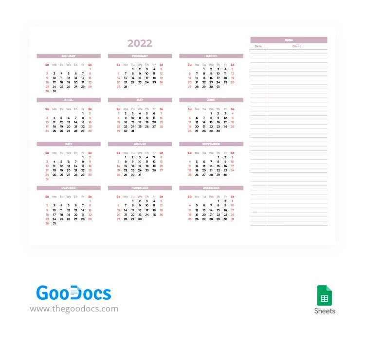 Calendrier annuel de couleur douce - free Google Docs Template - 10063317