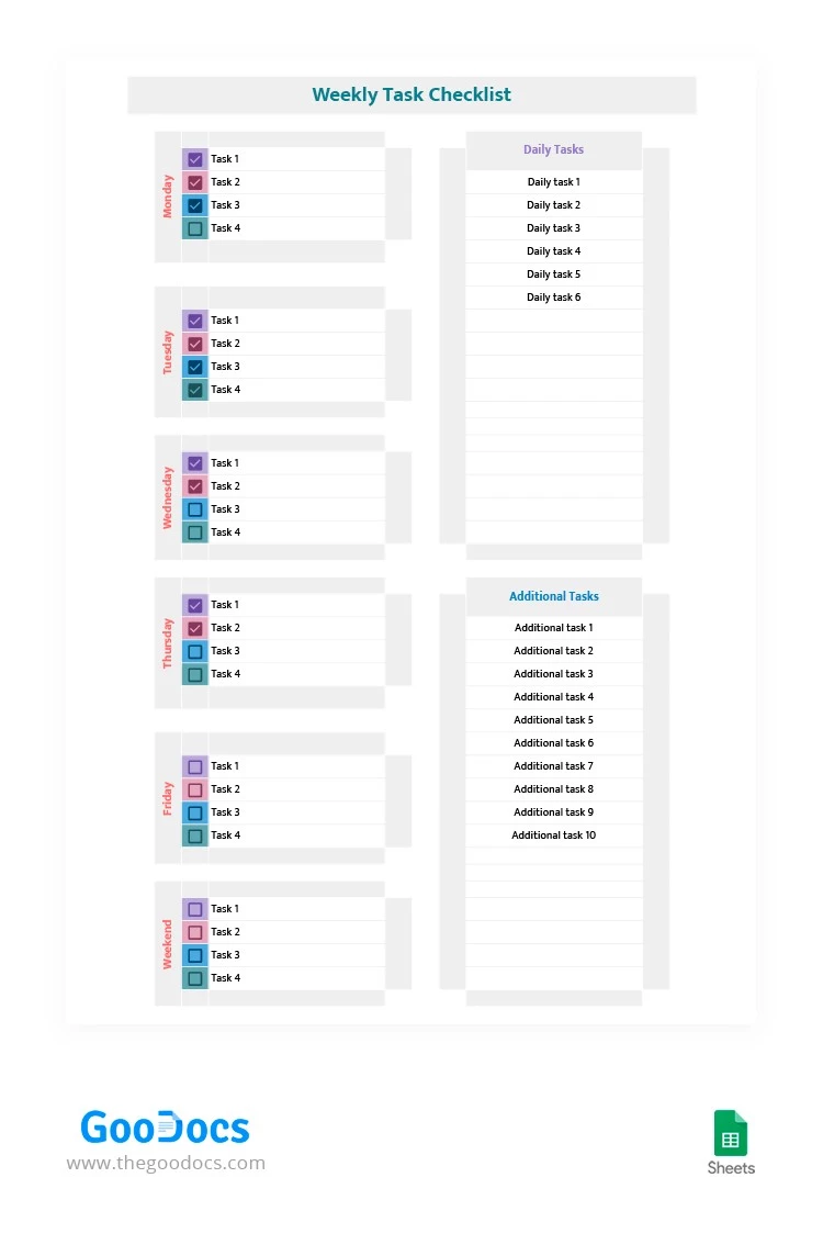 Liste de contrôle hebdomadaire des couleurs douces - free Google Docs Template - 10063360