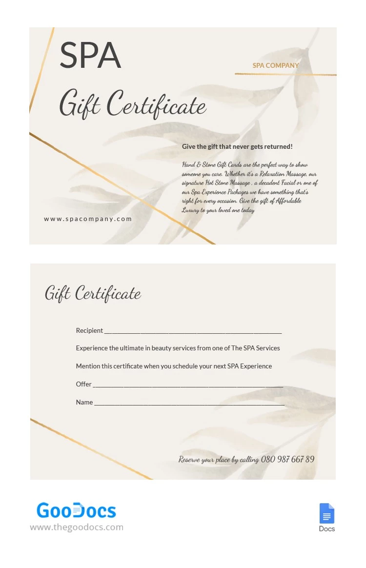 Certificat cadeau pour un spa - free Google Docs Template - 10062118