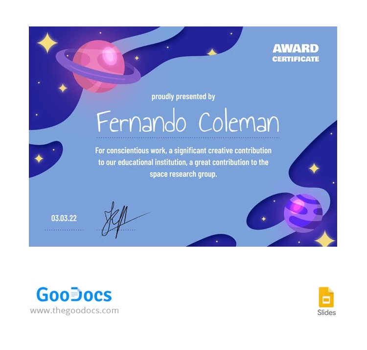 Certificado de Prêmio Espacial. - free Google Docs Template - 10062941