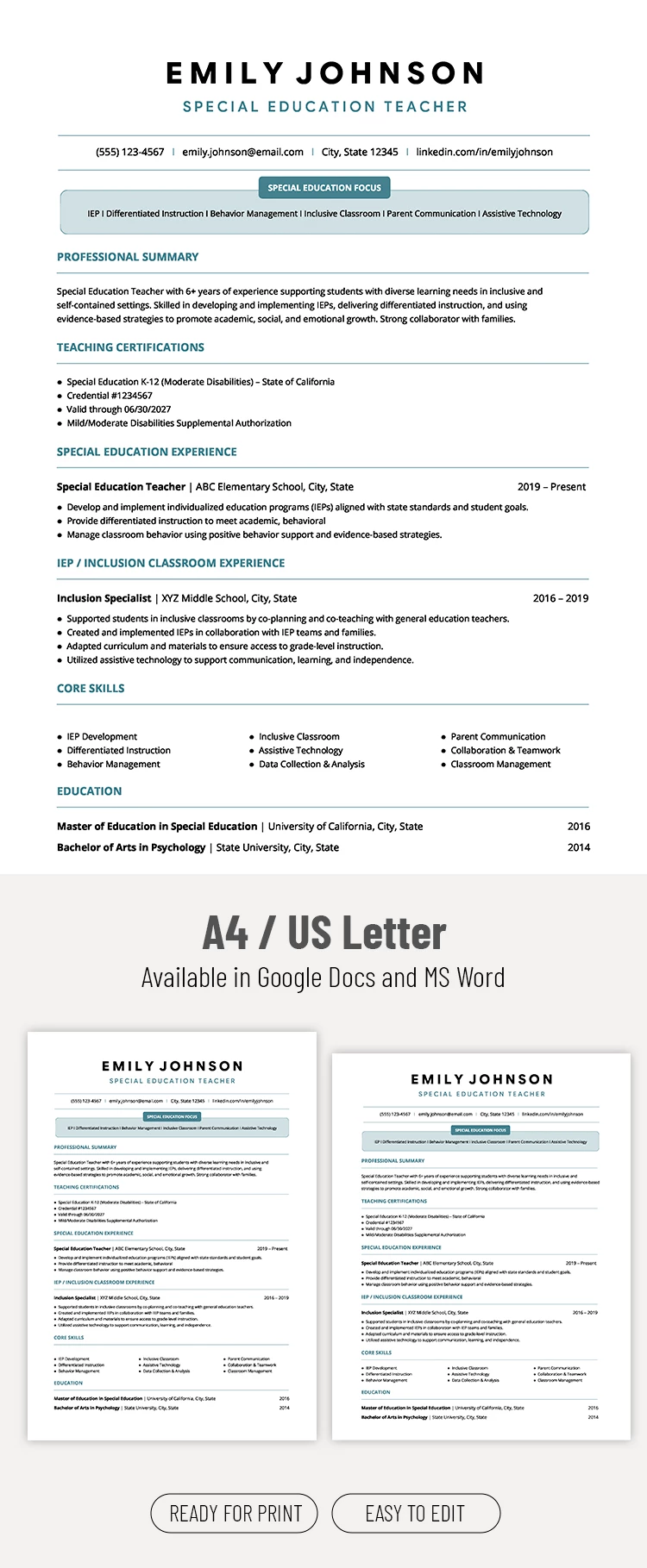 Preview of Special Education Teacher Resume Template for Google Docs and Microsoft Word